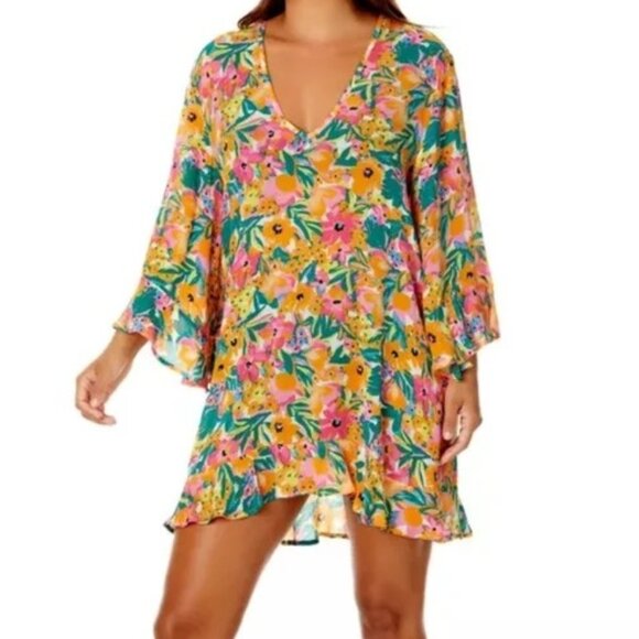 Anne Cole Ruffle Bell Sleeve V Neck Sheer Crinkle Bright Floral Tunic Dress NEW - Picture 5 of 13